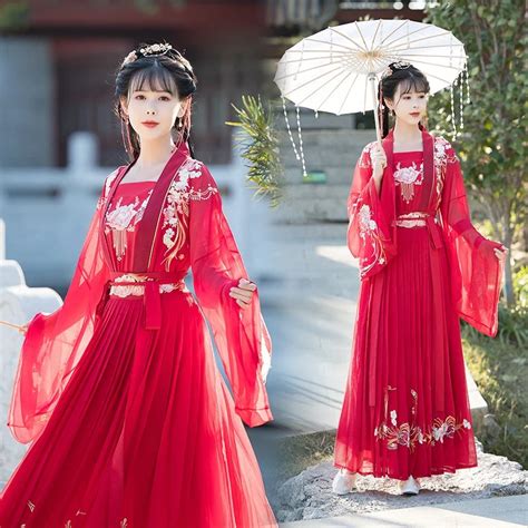 Hanfu Traje Nacional Antiga Fada Chinesa Manga Longa Roupas Vermelhas